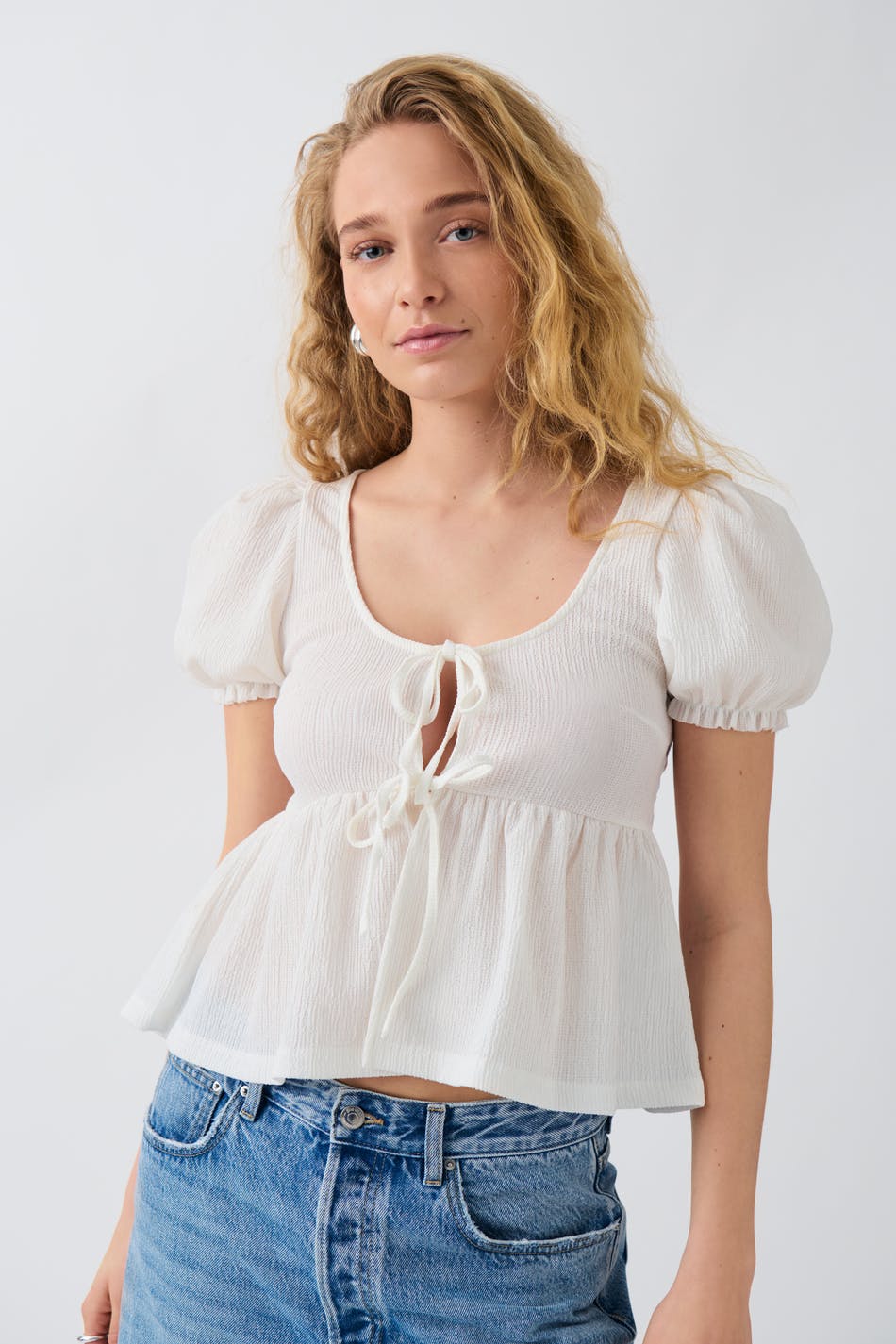 Gina Tricot - Tie front top - topper med knyting - White - XS - Female