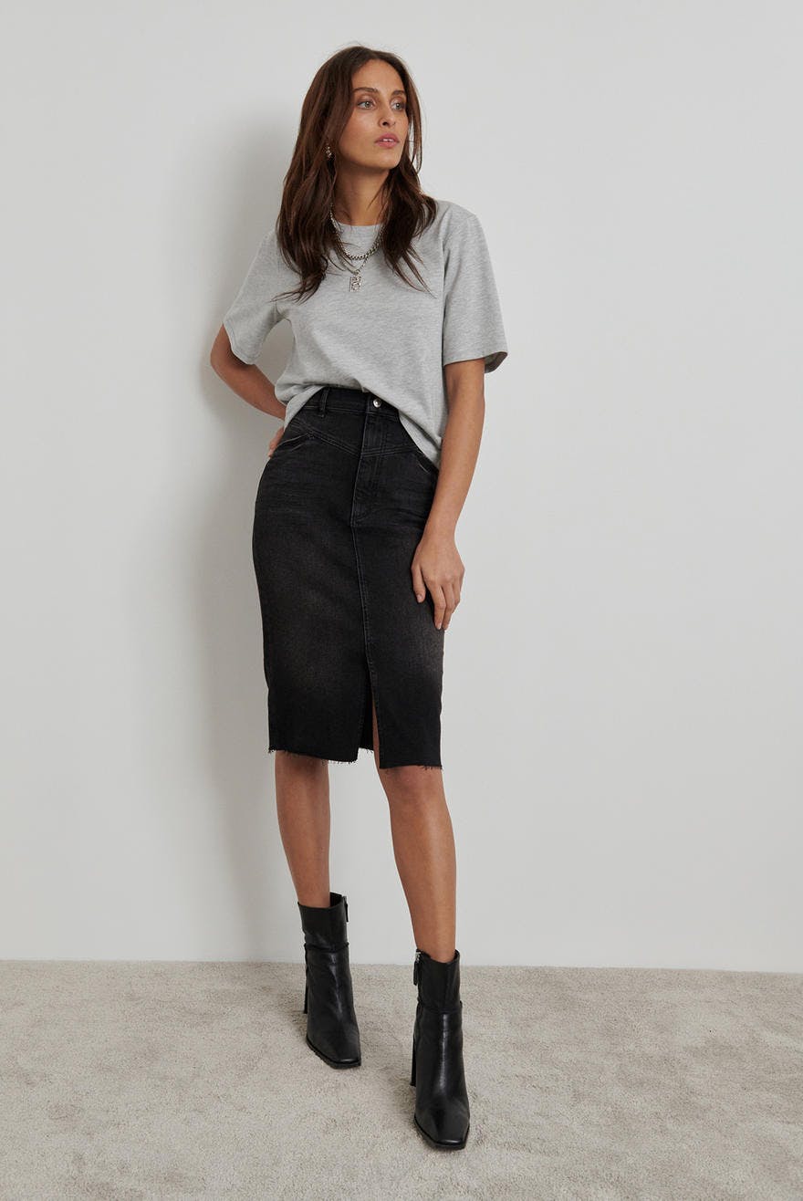 midi black denim skirt