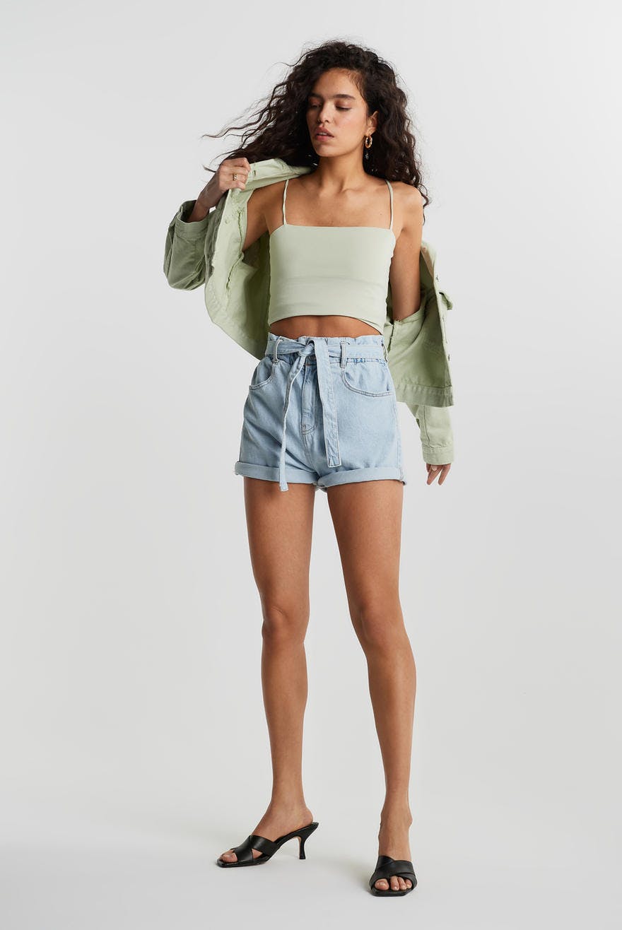 denim paperbag shorts