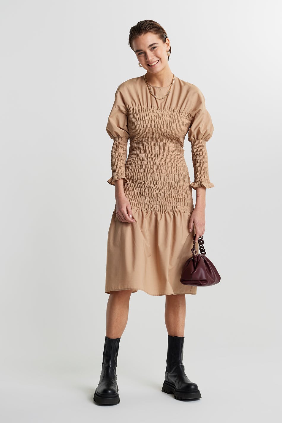 beige smock dress